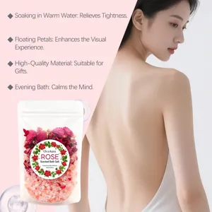 OceAura rose scented bath salt detail view, featuring natural dried flower petals and care.
