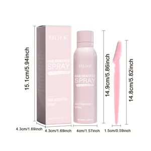Detail view of EELHOE hair identifier spray and pink facial razor with clear size dimensions.