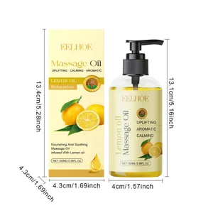 EELHOE Zitronen Massageoel Flasche und Box mit klaren Abmessungen und Spenderpumpe.