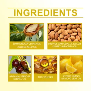 Detaillierte Ansicht natürlicher Körperöl-Inhaltsstoffe wie Jojoba-, Mandel-, Argan- und Zitronenöl.