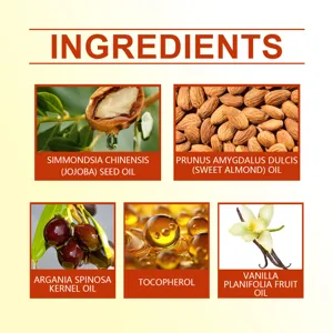 Dettaglio degli ingredienti botanici naturali con oli di jojoba, mandorla e argan per la cura del corpo.