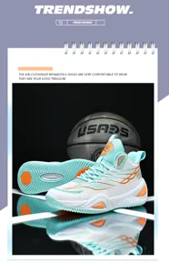 Men's high-top air cushion basketball shoes with breathable mesh and anti-slip sole details.