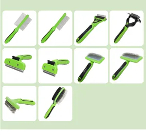 Gruenes und schwarzes Haustier-Pflegebuersten-Set, multifunktionale Fellpflege-Werkzeuge.