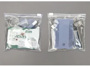 Pet tick remover kit with flea comb and tick removal tools in clear zipper bag detail view