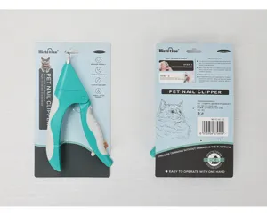 Detailed view of the pet nail clipper packaging, showing sharp stainless steel blades and grip.
