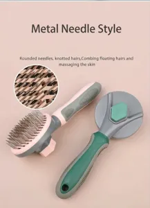 Pet self cleaning slicker brush for dogs cats with metal pins and anti slip handle.