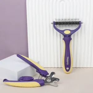 Pet grooming kit with double-sided dematting comb and nail clipper for dogs and cats.