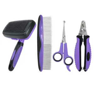 Pet grooming tool set featuring slicker brush, steel comb, scissors, and nail clipper for dogs and cats.