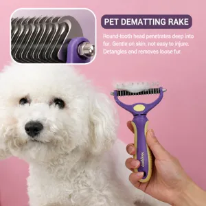 Professional pet dematting comb for dogs and cats with dual-sided stainless steel teeth.