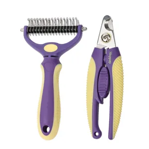 Pet grooming set including double-sided dematting undercoat rake and nail clipper.