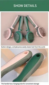 Detail view showing self-cleaning slicker brush, ergonomic handle, and hanging hole.