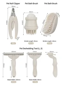 Pet grooming tool size chart with nail clipper, bath brush and de-shedding knife dimensions.