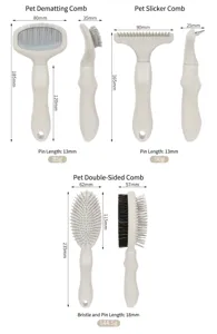 Pet grooming brush set with straw handle, includes slicker, rake, and double-sided brush.