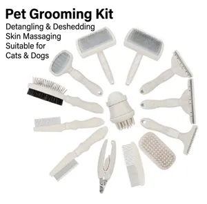 Detailed view of wheat straw pet grooming tools assortment including various combs and brushes.