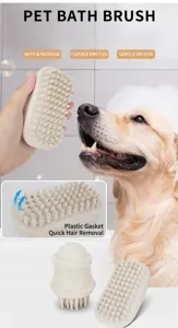 Pet bath brush with flexible teeth and plastic shim for easy dog and cat hair grooming and massage.