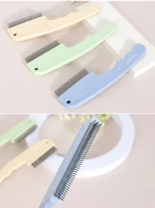 Three-row pet flea comb with plastic handle for cats and dogs, fine metal teeth tool.