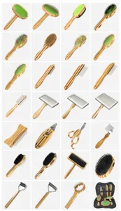 Detail view of various bamboo handle pet grooming brushes, slicker combs, and dematting tools set.