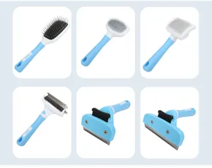 Pet grooming brush set interchangeable head detail view, blue and white handle design