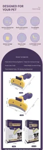 Pet grooming tool detail showing curved stainless steel blade, ergonomic handle and sizing.