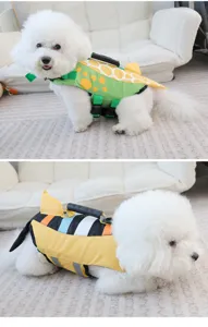 Dog life jacket pet safety vest with rescue handle and adjustable straps for swimming training.