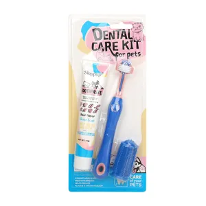 Pet Toothpaste and Toothbrush Set Dog Beef Flavor Toothpaste with Triple Head Toothbrush and Silicone Finger Brush