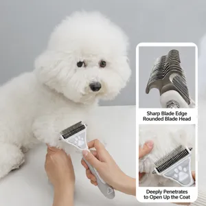 Pet dematting comb with dual-sided stainless steel blades for safe and fast pet hair grooming.