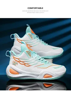 High-top basketball shoes with breathable mesh, white, mint green and orange details for sports.