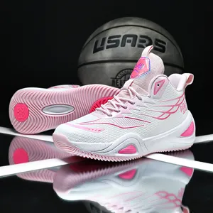 High-top breathable wear-resistant basketball shoes for men and women, stylish pink and white design.