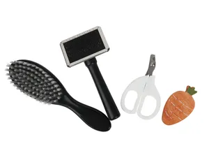 Set di toelettatura per animali con spazzola slicker, spazzola in setole, tagliaunghie e carota.