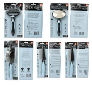 Detailed view of pet grooming comb set, showing stainless steel pins and ergonomic handles.