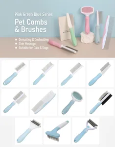 Pet grooming brush set including slicker brush, comb, and rake in pastel colors for dogs and cats.