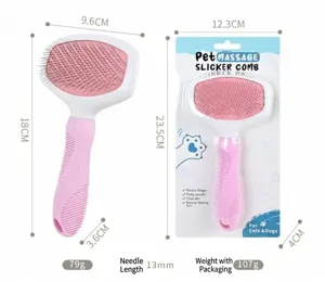 Detailed view of pink pet slicker brush with ergonomic handle, pin length 13mm and dimensions.