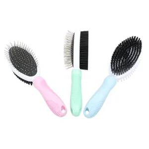 Double-sided pet grooming brush set with pins and bristles, colorful handles for dogs cats.