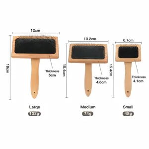 Wooden pet slicker brush size chart displaying large, medium and small dimensions and weights.