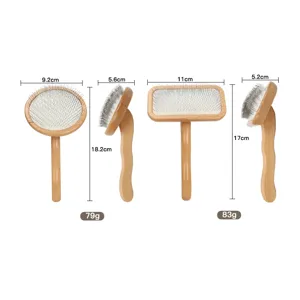 Solid wood pet grooming comb set with round and rectangular head, professional pet fur care tool.
