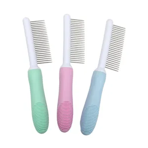 Set of three colorful pet grooming combs with fine metal teeth and comfortable handles