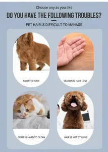 Pet grooming brush detail graphic illustrating common hair care problems and shedding issues.