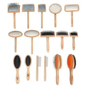 Professional wooden pet grooming brush set, slicker brushes and pin combs for dogs and cats.