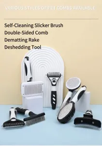 Detailed display of professional pet grooming combs including slicker and dematting tools.