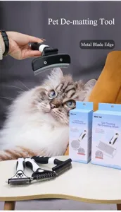 Pet grooming brush for cats and dogs, self-cleaning deshedding tool with stainless steel comb.