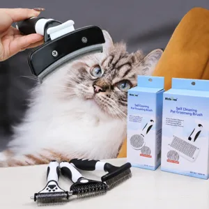 Pet grooming brush with stainless steel blade for effective cat and dog deshedding.