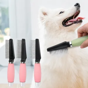 Pet grooming comb with silicone handle and stainless steel teeth for dogs and cats.