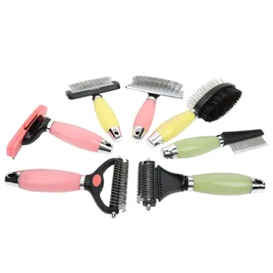 Professional pet grooming brush set for dogs and cats, featuring slicker and dematting combs.