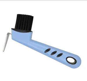 Detail view of the blue and black horse hoof pick and brush tool, sturdy handle for daily care.