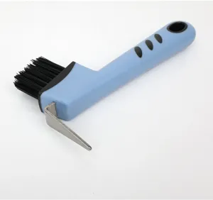 Multi-functional horse hoof brush with durable plastic handle and stainless steel hook.
