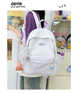 Leuke preppy stijl sterren gestreepte canvas rugzak, lichte grote schooltas voor studenten en tieners.