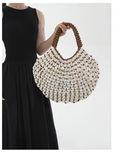 Exquise sac cabas de plage ajoure en perles de bois fait main, grand sac d'epaule decontracte.
