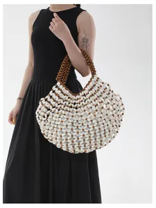 Sac cabas en perles de bois fait main, elegante sac d'epaule de plage creux pour femmes.