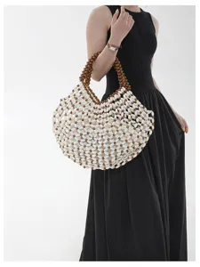 Sac cabas de plage creusé en perles de bois fait main pour femmes, grand sac d'épaule.