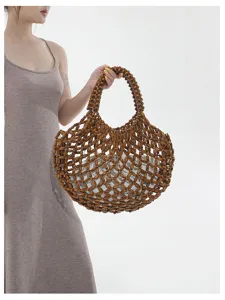 Sac cabas creux en perles de bois fait main élégant sac d'épaule décontracté de plage